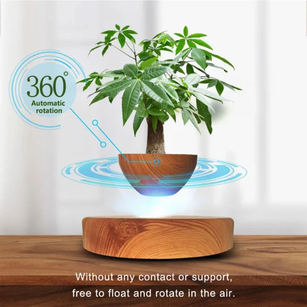 Magnetic Levitation Potted Aerial Ornaments Suspended Woodgrain Plant Bonsai Lamp Night Bedroom Fancy Lighting Table Light Kids 5 A plant is floating above a wooden base with a blue diagram showing 360-degree automatic rotation. Text below states: "Without any contact or support, free to float and rotate in the air.