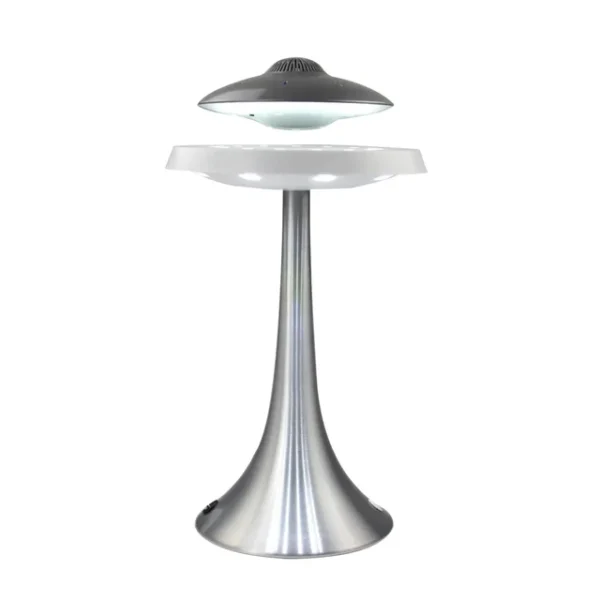 UFO Speaker Super Cool Levitating Speaker Magnetic Floating UFO Speaker Music Player with RGB Color Table Lamp – WHITE 7 A modern, UFO-shaped LED tabletop lamp with a metallic base and a floating disc design on top.