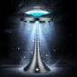 A sleek, futuristic UFO-shaped lamp emits blue LED lights from the top and sides, creating a glowing effect in a dark space.