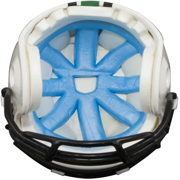 32 type Creative Hover Helmets Magnetic Levitating Helmet with Electromagnetic Stand Suspension Decoration Collectible for Sport 4 Inside view of a white sports helmet with blue padding and black faceguard.