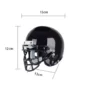 A black football helmet with a faceguard, measuring 15cm in length, 12cm in height and width.