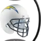 A football helmet with a black facemask is suspended magnetically between a black base and top piece.