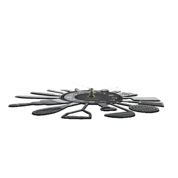 Cooking Set Wall Clock Knife Fork Spoon Vinyl Record Kitchen Home Decor Reloj De Pared Quartz Watch Zegar Scienny 2 A multi-tool kit with various black attachments arranged in a circular layout on a white background.