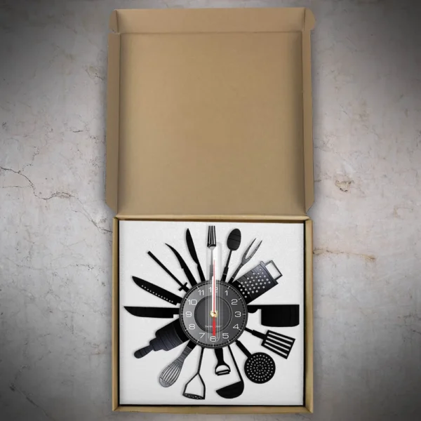 Cooking Set Wall Clock Knife Fork Spoon Vinyl Record Kitchen Home Decor Reloj De Pared Quartz Watch Zegar Scienny 3 An open cardboard box reveals a wall clock with a culinary theme, featuring kitchen utensil shapes as hour markers.