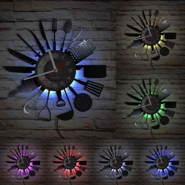 Cooking Set Wall Clock Knife Fork Spoon Vinyl Record Kitchen Home Decor Reloj De Pared Quartz Watch Zegar Scienny 4 Wall clock with kitchen utensil design and glowing colored backlights.