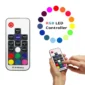 A hand holds an RF wireless RGB LED controller with various color buttons and functions. A color circle and text, "RGB LED Controller," are displayed above.