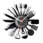 A wall clock with kitchen utensil silhouettes forming the clock's rays around the face.