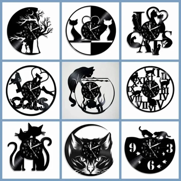 Cute Cat Wall Clock Cute Little Cat Vinyl Record Animal Wall Clock Cat Lover Gift Children’s Room Decorative Art Wall Clock 3 Nine black vinyl record wall clocks featuring cat designs, displayed in a 3x3 grid. Each clock has a unique cat-themed illustration and uses black and white color schemes.