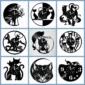 Nine black vinyl record wall clocks featuring cat designs, displayed in a 3x3 grid. Each clock has a unique cat-themed illustration and uses black and white color schemes.