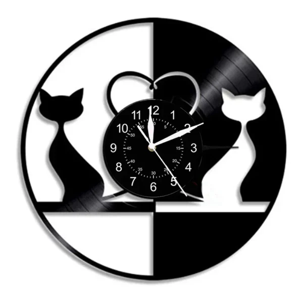 Cute Cat Wall Clock Cute Little Cat Vinyl Record Animal Wall Clock Cat Lover Gift Children’s Room Decorative Art Wall Clock 4 Round vinyl record wall clock with silhouettes of two cats and a heart in the center. Black and white design.
