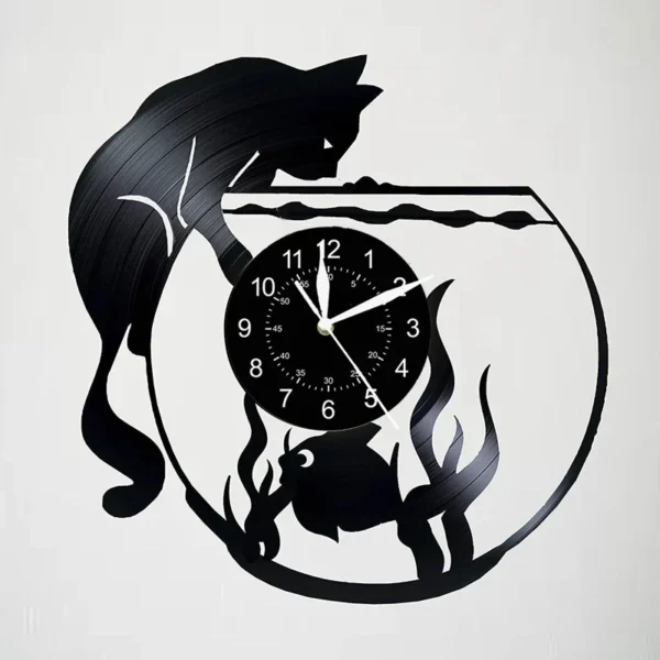 Cute Cat Wall Clock Cute Little Cat Vinyl Record Animal Wall Clock Cat Lover Gift Children’s Room Decorative Art Wall Clock 5 Wall clock shaped like a cat sitting atop a fishbowl, with a clock face in the center and fish silhouettes inside.