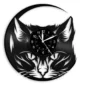 Black and white wall clock designed as a cat face, with hour, minute, and second hands.