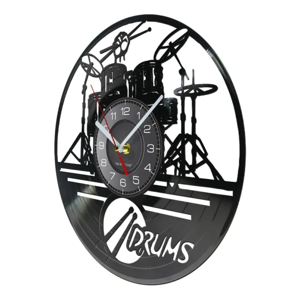 Drummers Personalized Drum Wall Clock Music Instrument Drum Kit Wall Decor Vinyl Record Wall Clock Music Lover Drummers Gift 2 Wall clock with a drum set design made from a vinyl record. The clock face is centered with black numbers on a gray background. Red and white clock hands point to the time.