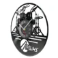 Wall clock with a drum set design made from a vinyl record. The clock face is centered with black numbers on a gray background. Red and white clock hands point to the time.