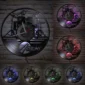 Vinyl record wall clocks featuring drum set designs with LED lights in various colors, mounted on a brick wall.