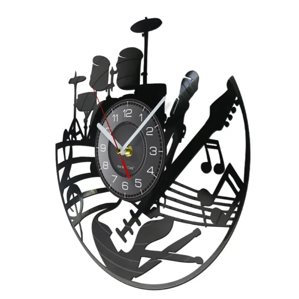 Guitar and Drum Kits Wall Clock Guitar Player Music Vinyl Record Clock Rock Music Instrument Guitar Wall Art Rock n Rock Gift 2 A wall clock with musical instrument designs, including a guitar, microphone, drum set, and musical notes.