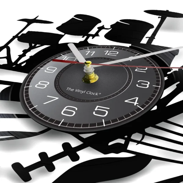 Guitar and Drum Kits Wall Clock Guitar Player Music Vinyl Record Clock Rock Music Instrument Guitar Wall Art Rock n Rock Gift 3 A wall clock with a drum kit design, featuring bold white numerals on a black background, and drum silhouette details.