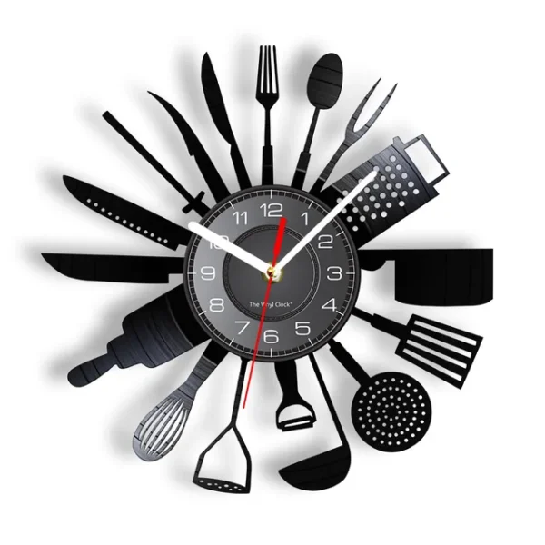 Cooking Set Wall Clock Knife Fork Spoon Vinyl Record Kitchen Home Decor Reloj De Pared Quartz Watch Zegar Scienny – NO Led 7 A wall clock with various black kitchen utensils radiating outward as hour markers.