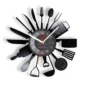 A wall clock with various black kitchen utensils radiating outward as hour markers.