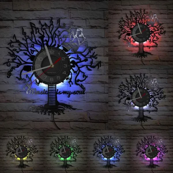 Music is My Soul Modern Design Music Classic Black Hanging Vinyl Record Clocks Wall Watch Home Decor Musician Rock n Roll Gift – With LED 8 Vinyl record wall clock with a tree design and musical notes, featuring colored LED backlighting in various hues: blue, red, purple, yellow, and green.