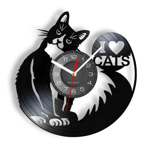 I Love Cats Cute Kitty Rescue Wall Art Silent Clock Lovely Pet Adoption Kittens Home Decor Cat Shop Vinyl Record Hanging Watch 2 Wall clock with a black silhouette of a cat and the words "I ♥ CATS." The clock face is in the center of the cat's body.