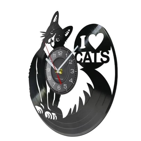 I Love Cats Cute Kitty Rescue Wall Art Silent Clock Lovely Pet Adoption Kittens Home Decor Cat Shop Vinyl Record Hanging Watch 3 A decorative wall clock shaped like a black vinyl record features a cat design and the words "I ♥ CATS." The clock's hands are red and gold, with a black and white color scheme overall.
