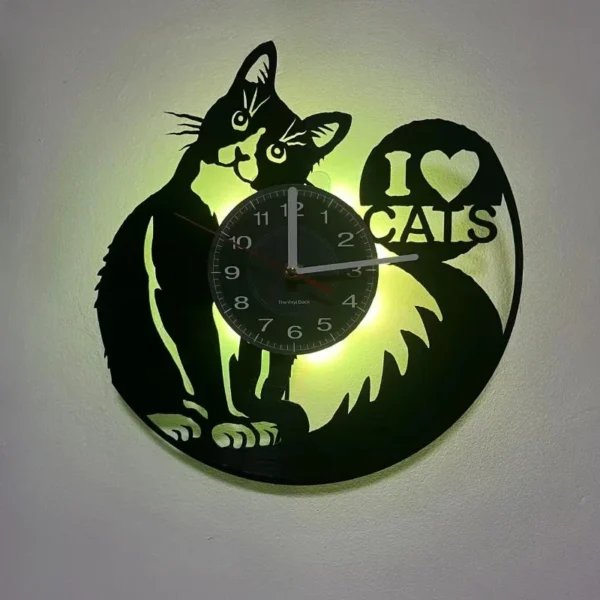 I Love Cats Cute Kitty Rescue Wall Art Silent Clock Lovely Pet Adoption Kittens Home Decor Cat Shop Vinyl Record Hanging Watch 4 Black cat-shaped wall clock with glowing LED lights and "I ❤️ Cats" text on the tail.