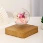 Levitating glass orb with pink flowers inside, supported by a wooden base, placed on a white surface.