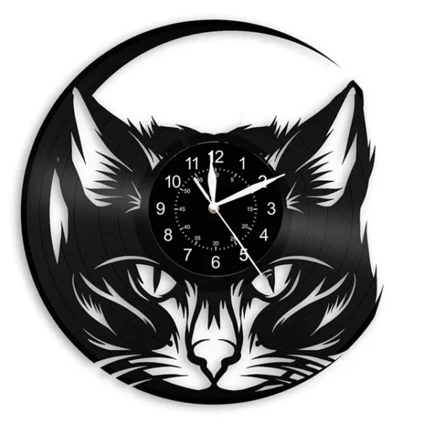 Cute Cat Wall Clock Cute Little Cat Vinyl Record Animal Wall Clock Cat Lover Gift Children’s Room Decorative Art Wall Clock – 01 6 A wall clock with a design featuring a black and white cat face, with the clock face centered between the cat's eyes. The hour and minute hands are visible.