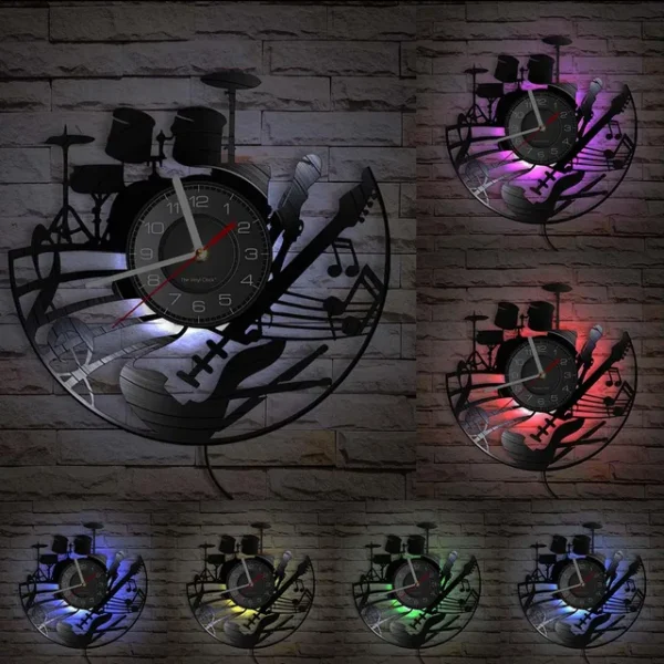Guitar and Drum Kits Wall Clock Guitar Player Music Vinyl Record Clock Rock Music Instrument Guitar Wall Art Rock n Rock Gift - With LED 8 Wall clock with musical instrument design, featuring drums, guitar, and notes. Six clocks are shown, each illuminated with different colored lights against a brick wall.