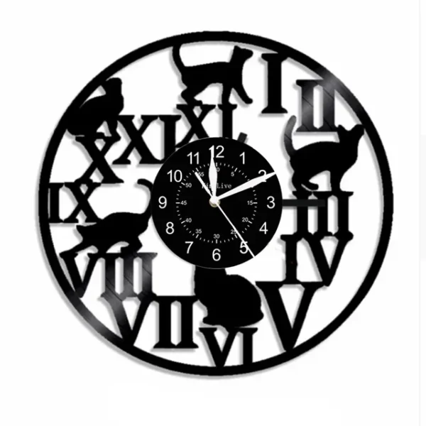 Cute Cat Wall Clock Cute Little Cat Vinyl Record Animal Wall Clock Cat Lover Gift Children’s Room Decorative Art Wall Clock – 04 9 Wall clock with Roman numerals, featuring silhouettes of cats in various poses around the frame.
