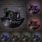 Wall clock with a drum kit design on a brick wall, featuring various LED color lighting options: purple, red, green, blue, yellow, and multicolored.