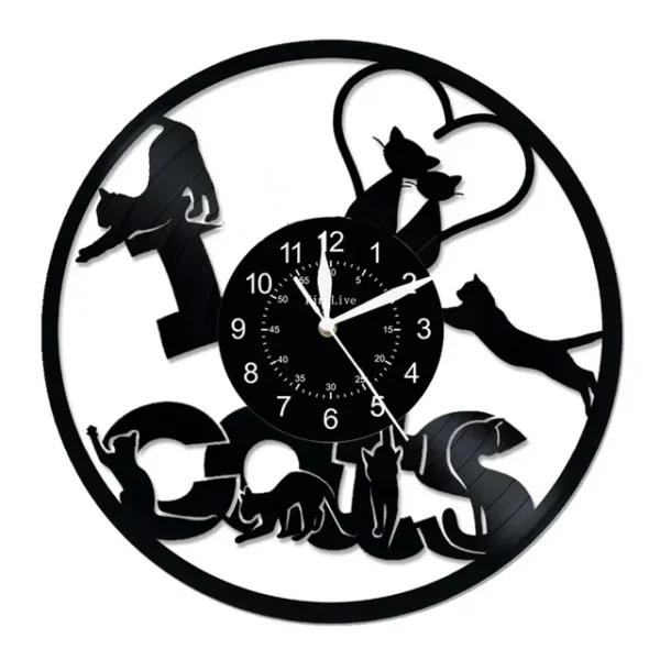 Cute Cat Wall Clock Cute Little Cat Vinyl Record Animal Wall Clock Cat Lover Gift Children’s Room Decorative Art Wall Clock – 08 13 A wall clock featuring black cat silhouettes and the phrase "I Love Cats" in stylized letters.