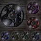 Wall clocks with guitar and music note designs, each featuring different colored LED backlights, displayed on a brick wall.