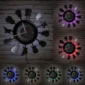 Wall clock with vinyl record design and various LED backlight colors, mounted on a brick wall.