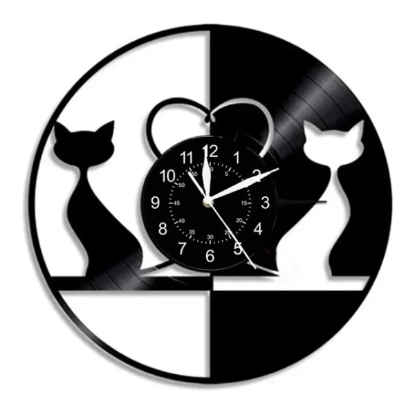 Cute Cat Wall Clock Cute Little Cat Vinyl Record Animal Wall Clock Cat Lover Gift Children’s Room Decorative Art Wall Clock – 02 7 A round wall clock with black and white cat silhouettes and a heart in the center.