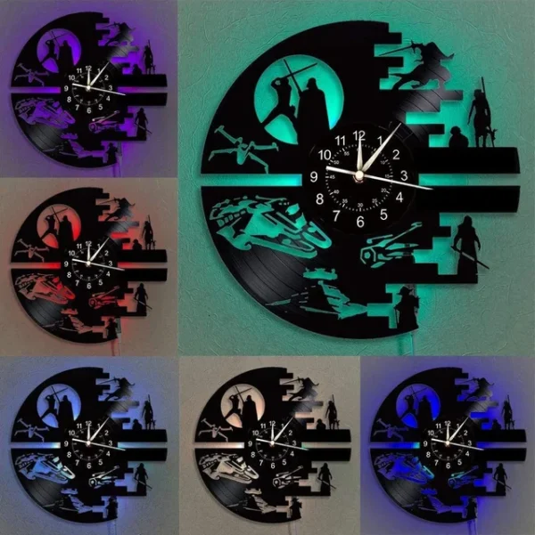 Science Fiction Movie Theme Clock Vinyl Record Wall Clock LED Night Light Home Decoration 7 Color Nightlight Wall Clock Boy Gift – With LED 8 Vinyl wall clock with sci-fi themed cutouts, featuring five different colored backlights: red, green, purple, teal, and blue.