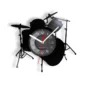 Wall clock with a drum kit silhouette design, featuring black hour and minute hands, and a red second hand.