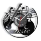 Wall clock with a musical theme, featuring a guitar, musical notes, and clefs surrounding the clock face.
