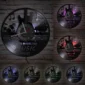 Wall clock designed like a vinyl record with musical instruments and the text "Where Words Fail, Music Speaks." Displays in multiple color lights against a brick background.