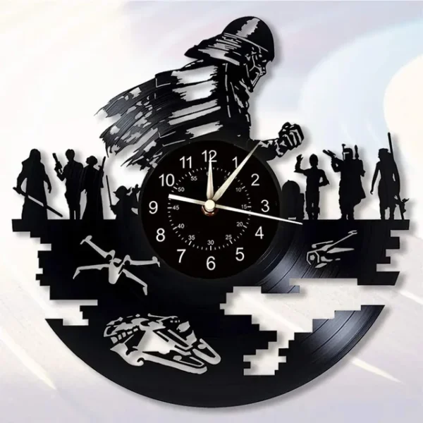 Science Fiction Movie Theme Clock Vinyl Record Wall Clock LED Night Light Home Decoration 7 Color Nightlight Wall Clock Boy Gift – Without LED1 9 Wall clock featuring cut-out silhouettes of soldiers, futuristic vehicles, and a central clock face, all appearing to be made from a repurposed vinyl record.
