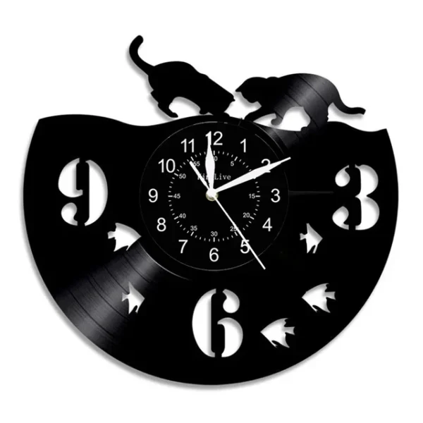 Cute Cat Wall Clock Cute Little Cat Vinyl Record Animal Wall Clock Cat Lover Gift Children’s Room Decorative Art Wall Clock – 06 11 Black wall clock with vinyl record design, featuring cut-out numbers and playful silhouettes of a cat and a dog at the top.