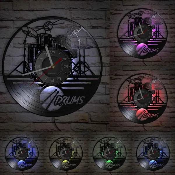 Drummers Personalized Drum Wall Clock Music Instrument Drum Kit Wall Decor Vinyl Record Wall Clock Music Lover Drummers Gift – With LED 8 Wall clocks featuring a drum kit design, displayed with different colored lights.