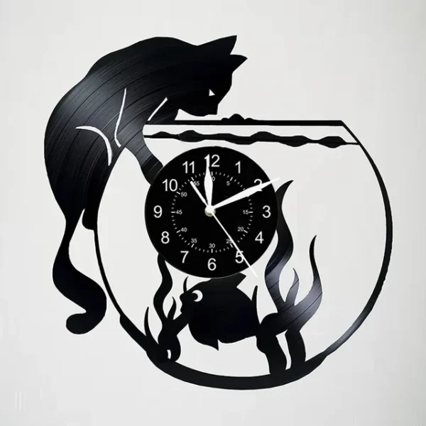 Cute Cat Wall Clock Cute Little Cat Vinyl Record Animal Wall Clock Cat Lover Gift Children’s Room Decorative Art Wall Clock – 03 8 Silhouette of a cat and fishbowl, with a clock face in the center.