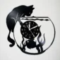 Silhouette of a cat and fishbowl, with a clock face in the center.