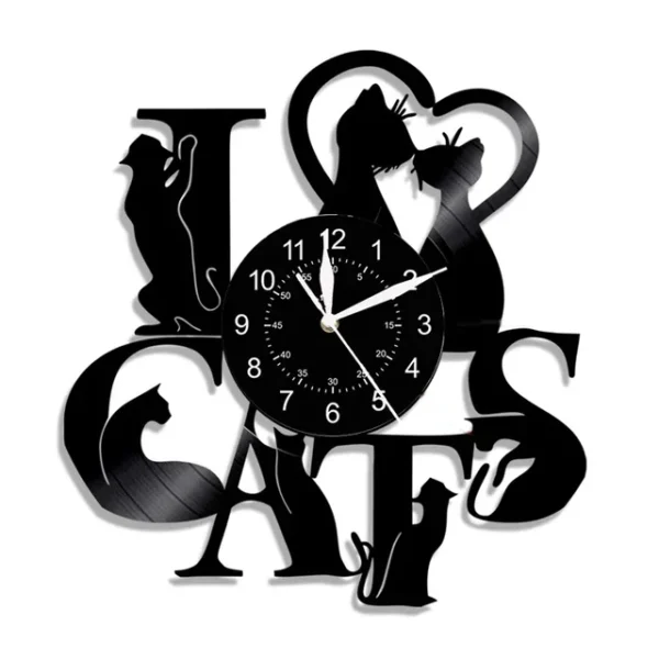 Cute Cat Wall Clock Cute Little Cat Vinyl Record Animal Wall Clock Cat Lover Gift Children’s Room Decorative Art Wall Clock – 09 14 Black wall clock with a "I Love Cats" design, featuring silhouettes of cats integrated with the letters.