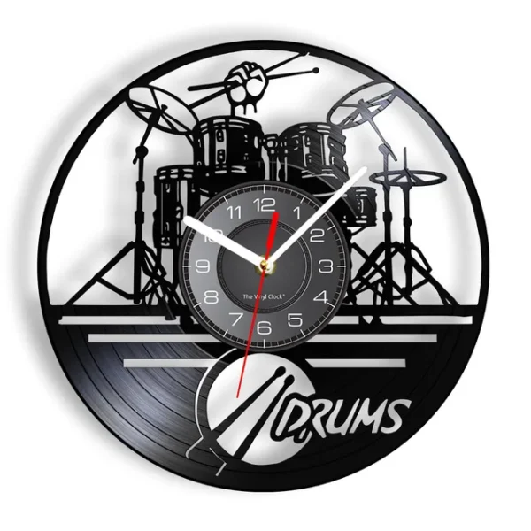 Drummers Personalized Drum Wall Clock Music Instrument Drum Kit Wall Decor Vinyl Record Wall Clock Music Lover Drummers Gift – Without LED 7 Vinyl record wall clock featuring a cut-out design of a drum set and the word "DRUMS" below. Clock hands are red and white with numbers on a circular face in the center.