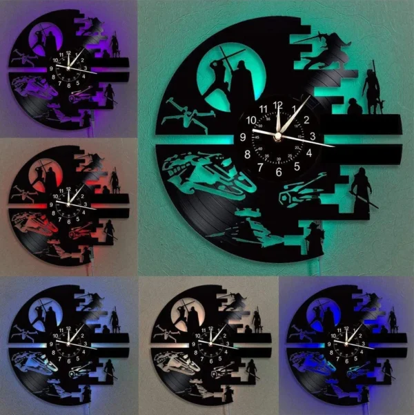 Science Fiction Movie Theme Clock Vinyl Record Wall Clock LED Night Light Home Decoration 7 Color Nightlight Wall Clock Boy Gift 5 Wall clocks made from vinyl records depict a space-themed design with various colorful LED backlights.