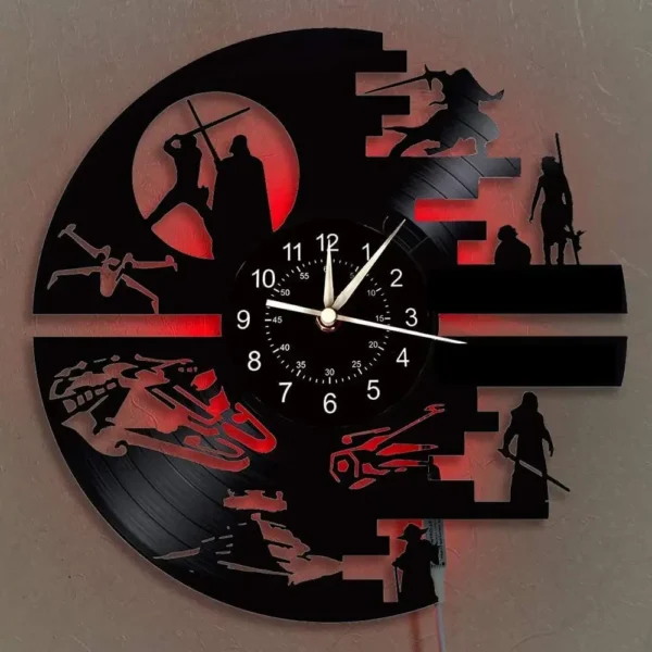 Science Fiction Movie Theme Clock Vinyl Record Wall Clock LED Night Light Home Decoration 7 Color Nightlight Wall Clock Boy Gift 6 Clock made from a vinyl record featuring sci-fi themed silhouettes around the edges, with a red light glowing behind.