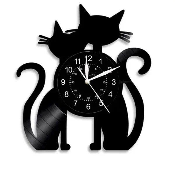 Cute Cat Wall Clock Cute Little Cat Vinyl Record Animal Wall Clock Cat Lover Gift Children’s Room Decorative Art Wall Clock – 05 10 Wall clock featuring silhouettes of two cats with intertwined tails.